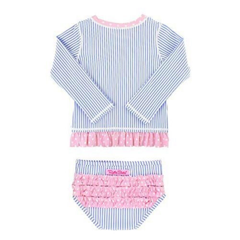 RuffleButts Toddler Girls Periwinkle Seersucker Long Sleeve Rash Guard Bikini Si